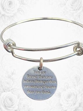 CCBFY Inspirational Silver Tone Engravable Bangle Bracelet You Are Braver Quote
